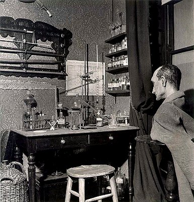 Photograph of the chemistry desk at 221B Baker Street (1951 exhibition)